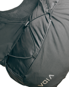 Close-up of a black backpack with a brand logo on a white background